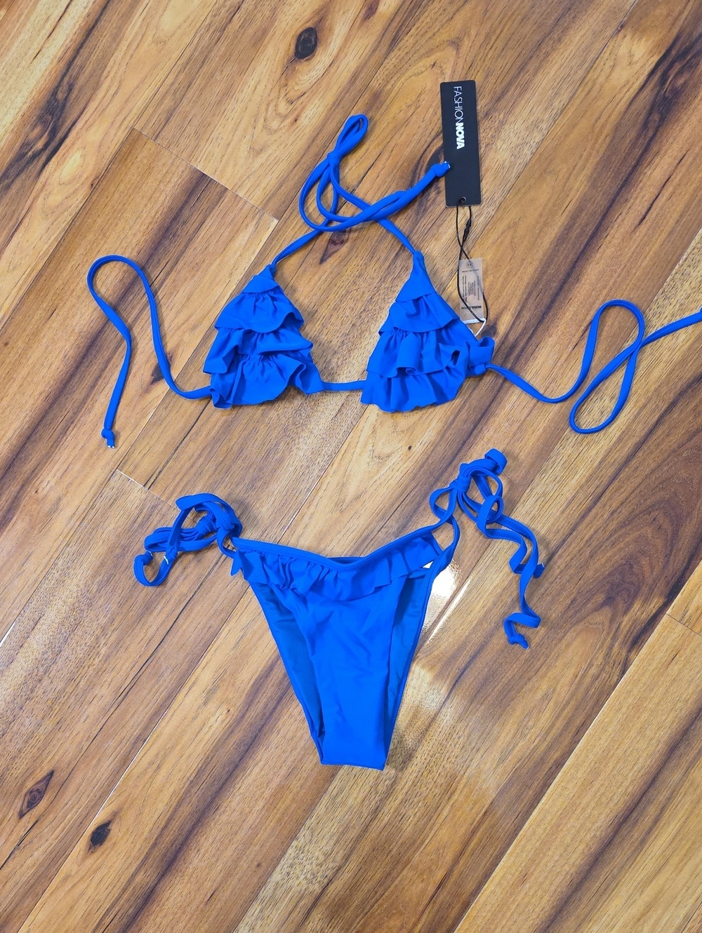 Blue Tiered Ruffle Triangle Bikini - XS Top / M Bottoms
